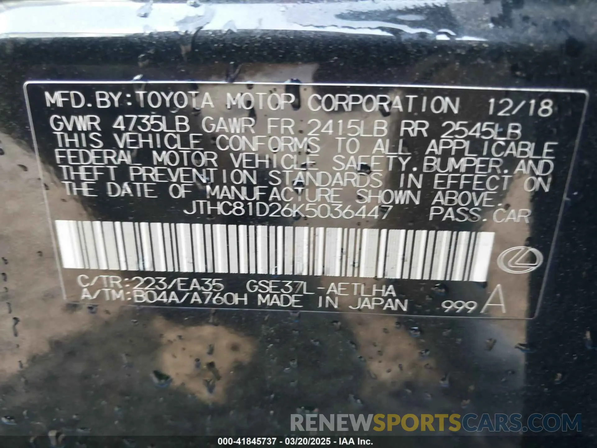 9 Photograph of a damaged car JTHC81D26K5036447 LEXUS IS 300 2019