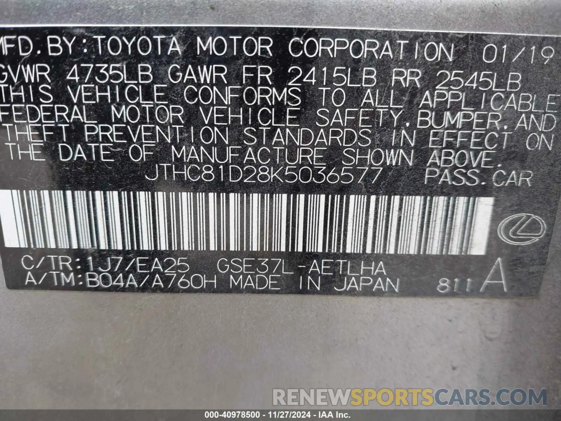 9 Photograph of a damaged car JTHC81D28K5036577 LEXUS IS 300 2019