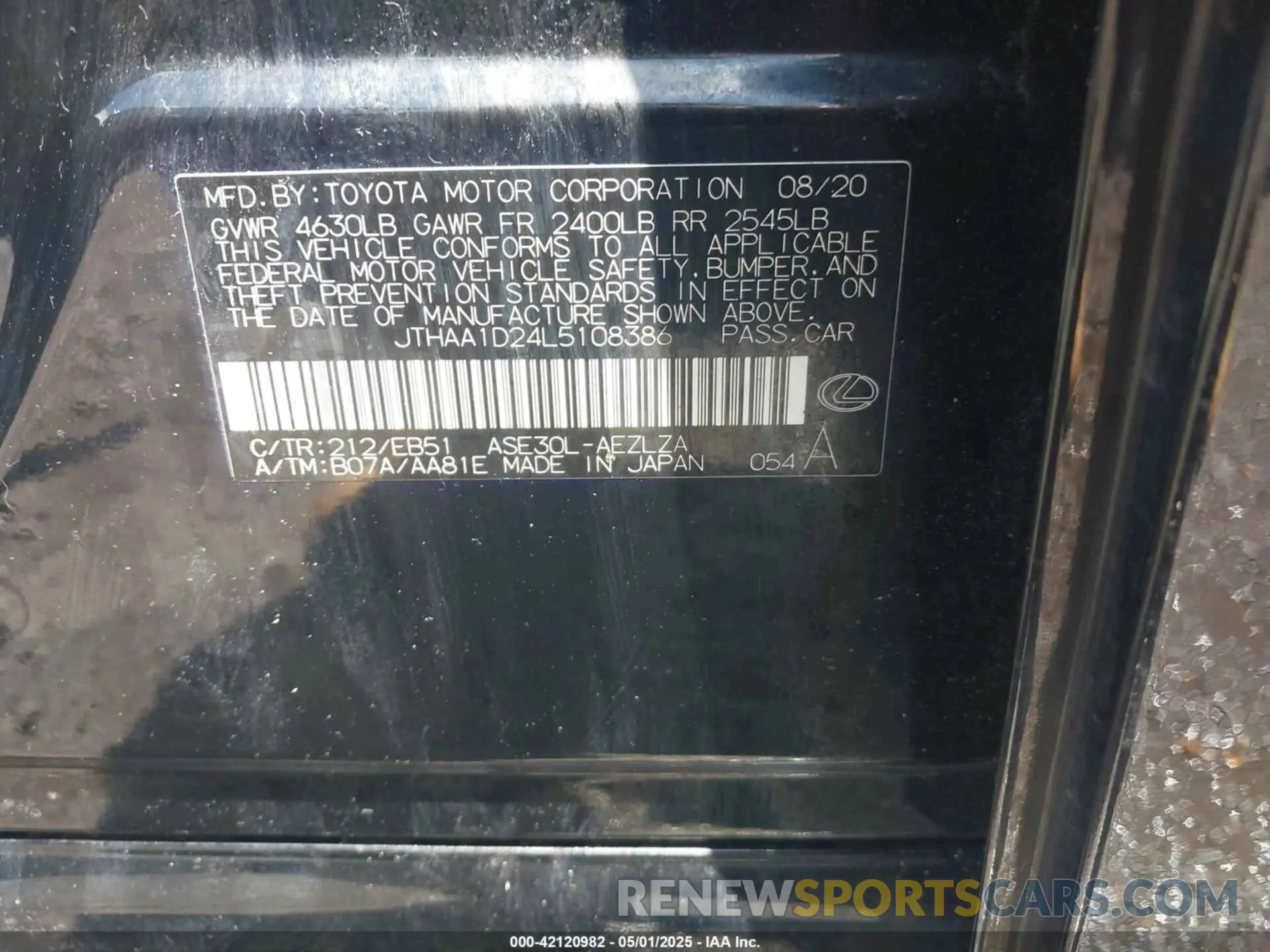 9 Photograph of a damaged car JTHAA1D24L5108386 LEXUS IS 300 2020