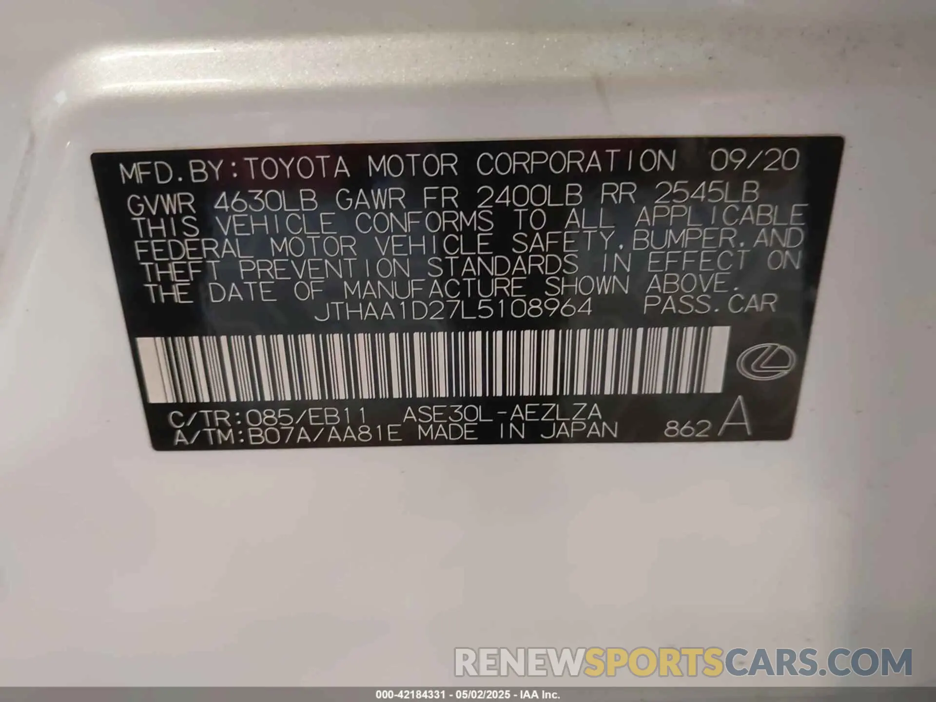 9 Фотография поврежденного автомобиля JTHAA1D27L5108964 LEXUS IS 300 2020