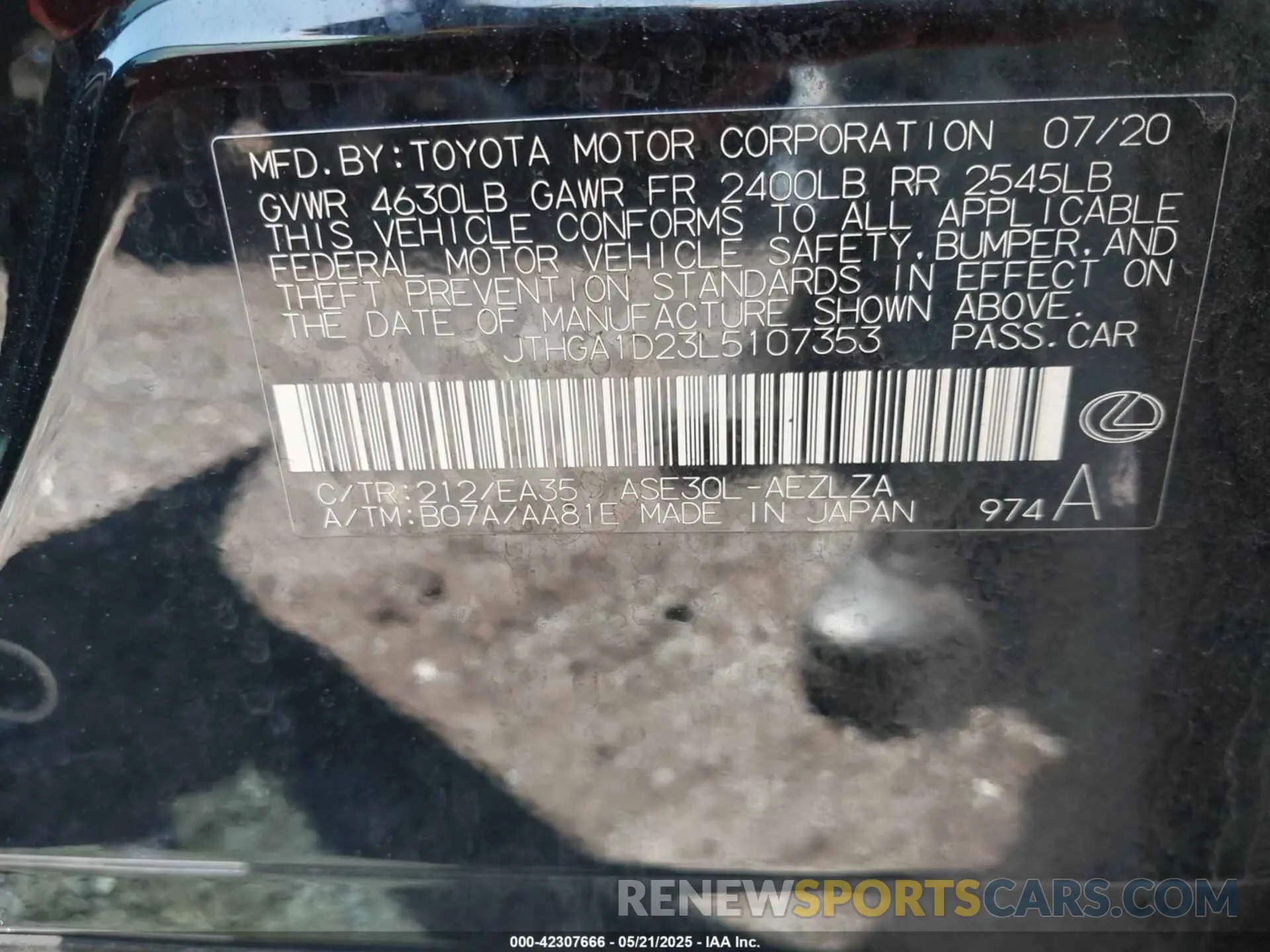 9 Фотография поврежденного автомобиля JTHGA1D23L5107353 LEXUS IS 300 2020