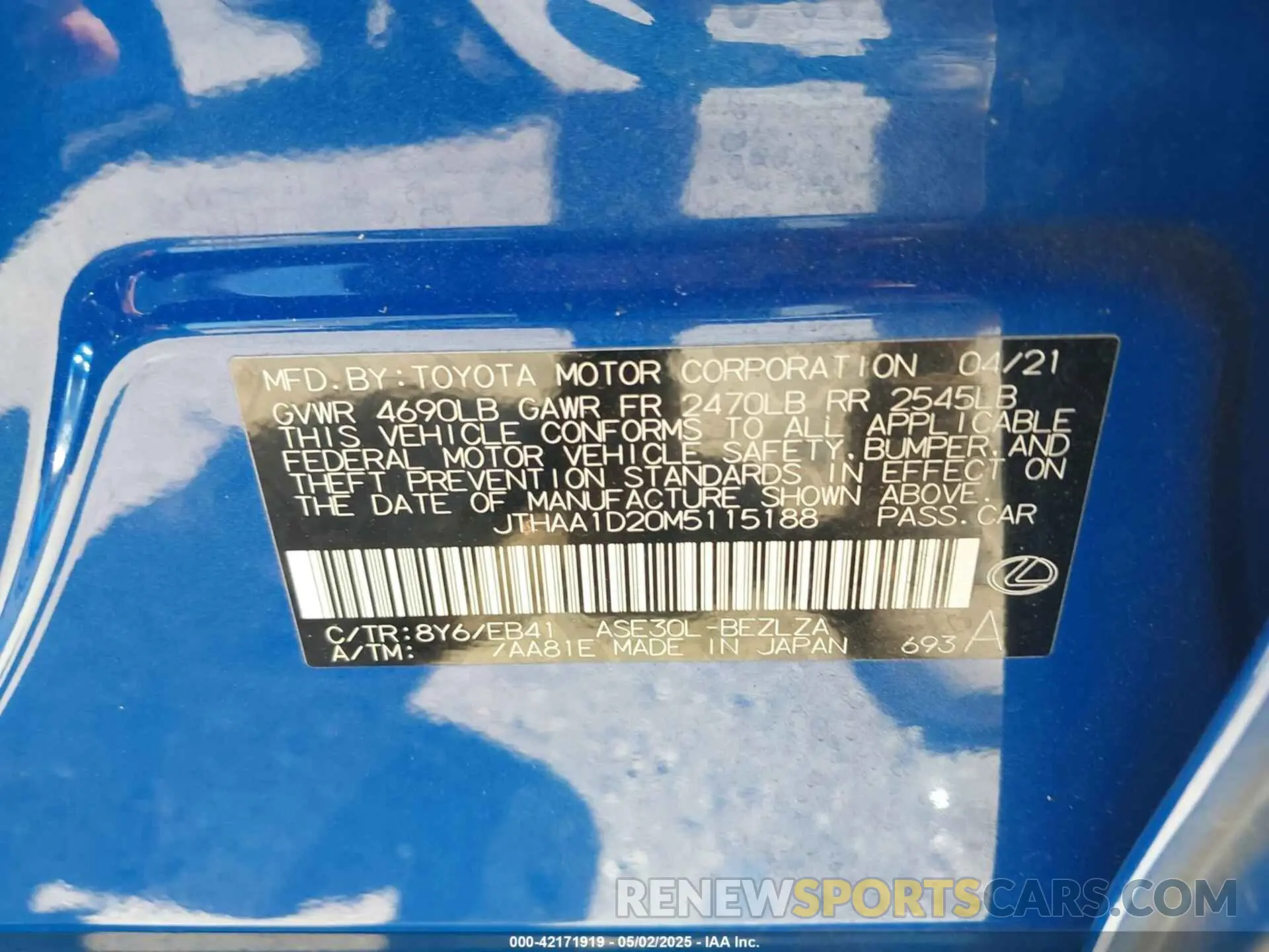 9 Photograph of a damaged car JTHAA1D20M5115188 LEXUS IS 300 2021