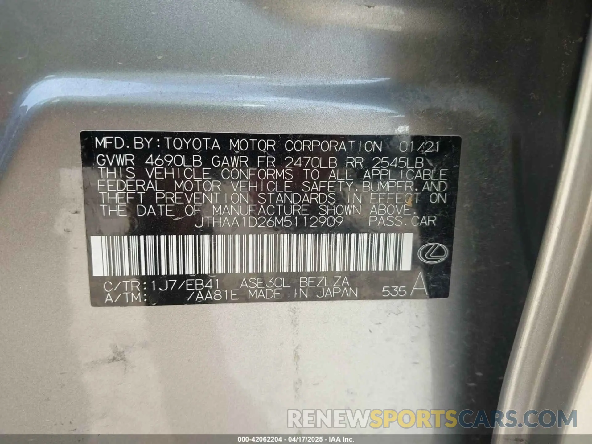 9 Photograph of a damaged car JTHAA1D26M5112909 LEXUS IS 300 2021