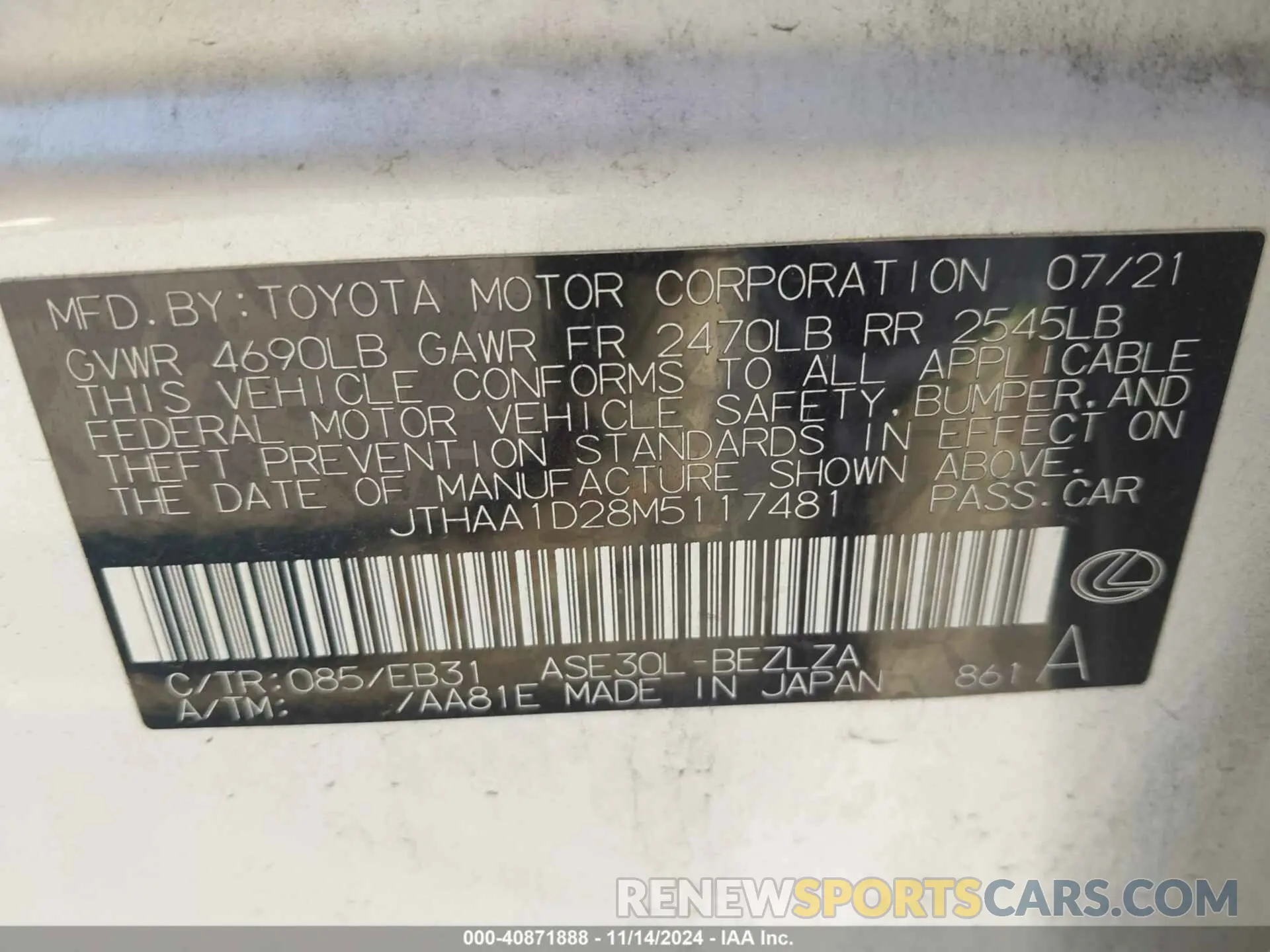 9 Фотография поврежденного автомобиля JTHAA1D28M5117481 LEXUS IS 300 2021
