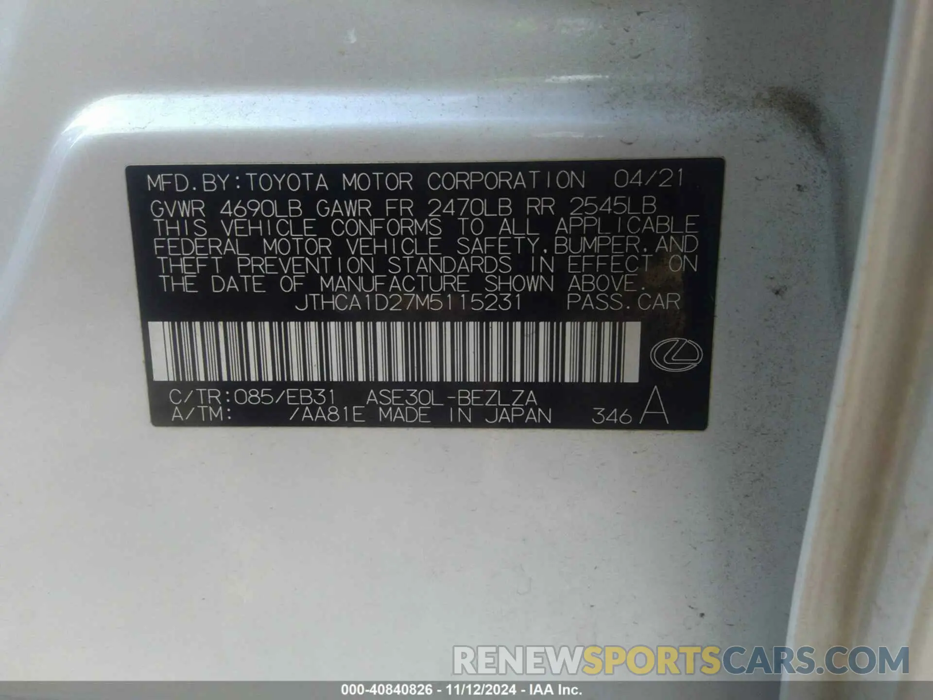 9 Photograph of a damaged car JTHCA1D27M5115231 LEXUS IS 300 2021