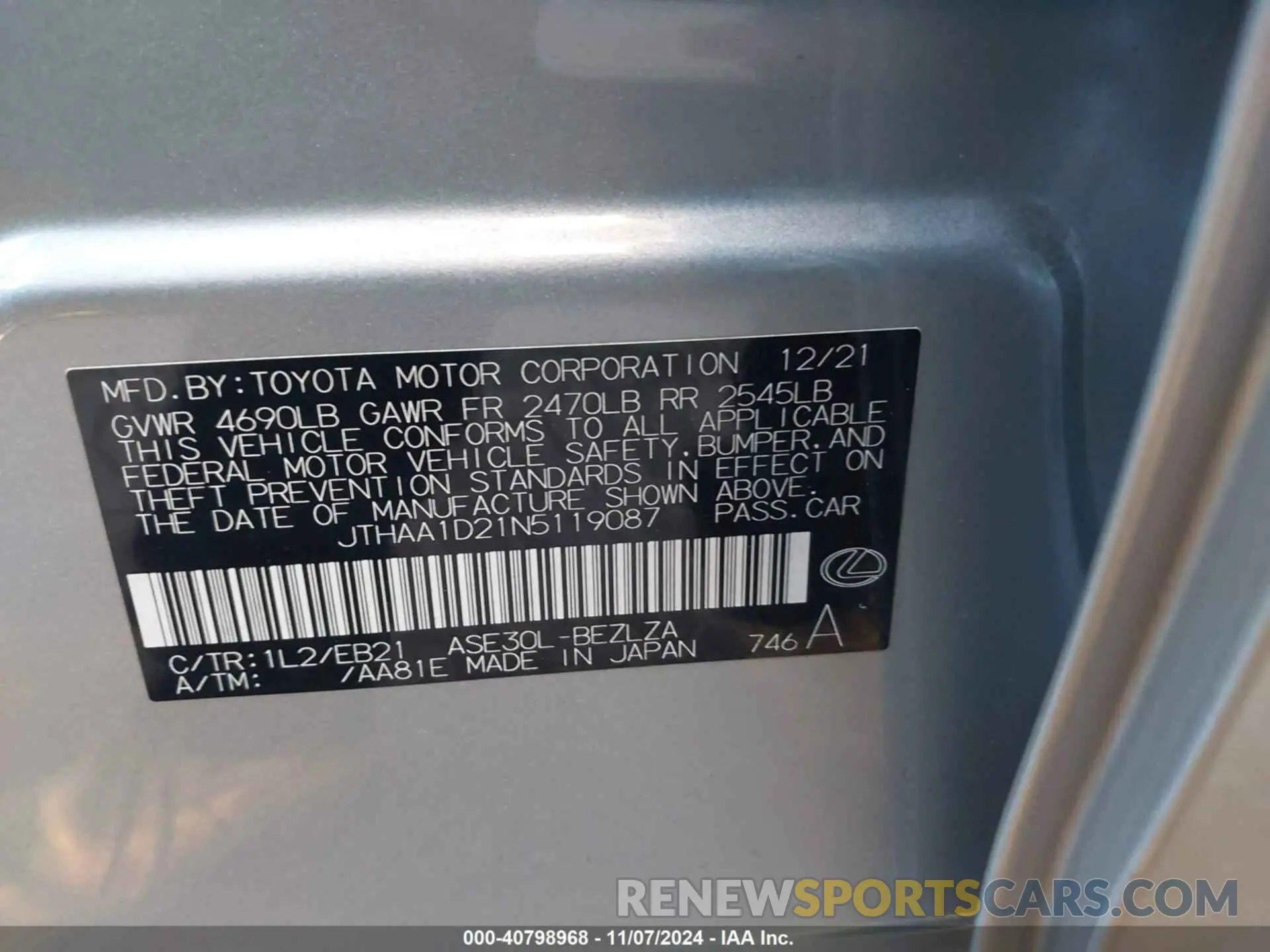 9 Photograph of a damaged car JTHAA1D21N5119087 LEXUS IS 300 2022