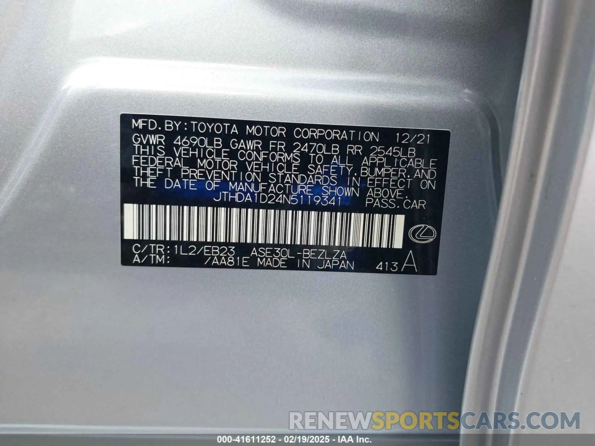 9 Фотография поврежденного автомобиля JTHDA1D24N5119341 LEXUS IS 300 2022