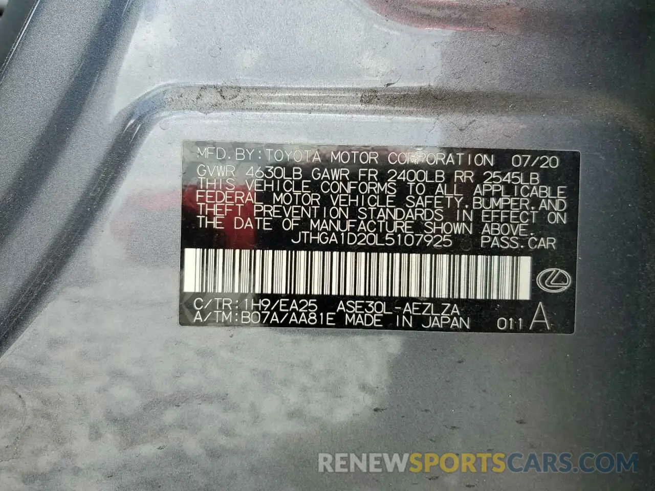 12 Фотография поврежденного автомобиля JTHGA1D20L5107925 LEXUS IS 300 F S 2020