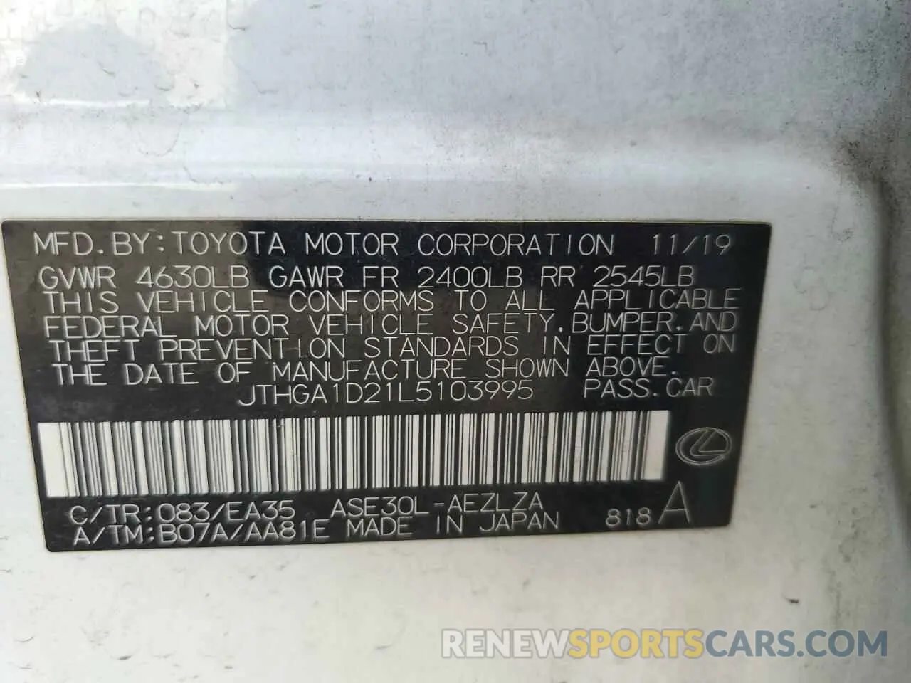 14 Photograph of a damaged car JTHGA1D21L5103995 LEXUS IS 300 F S 2020