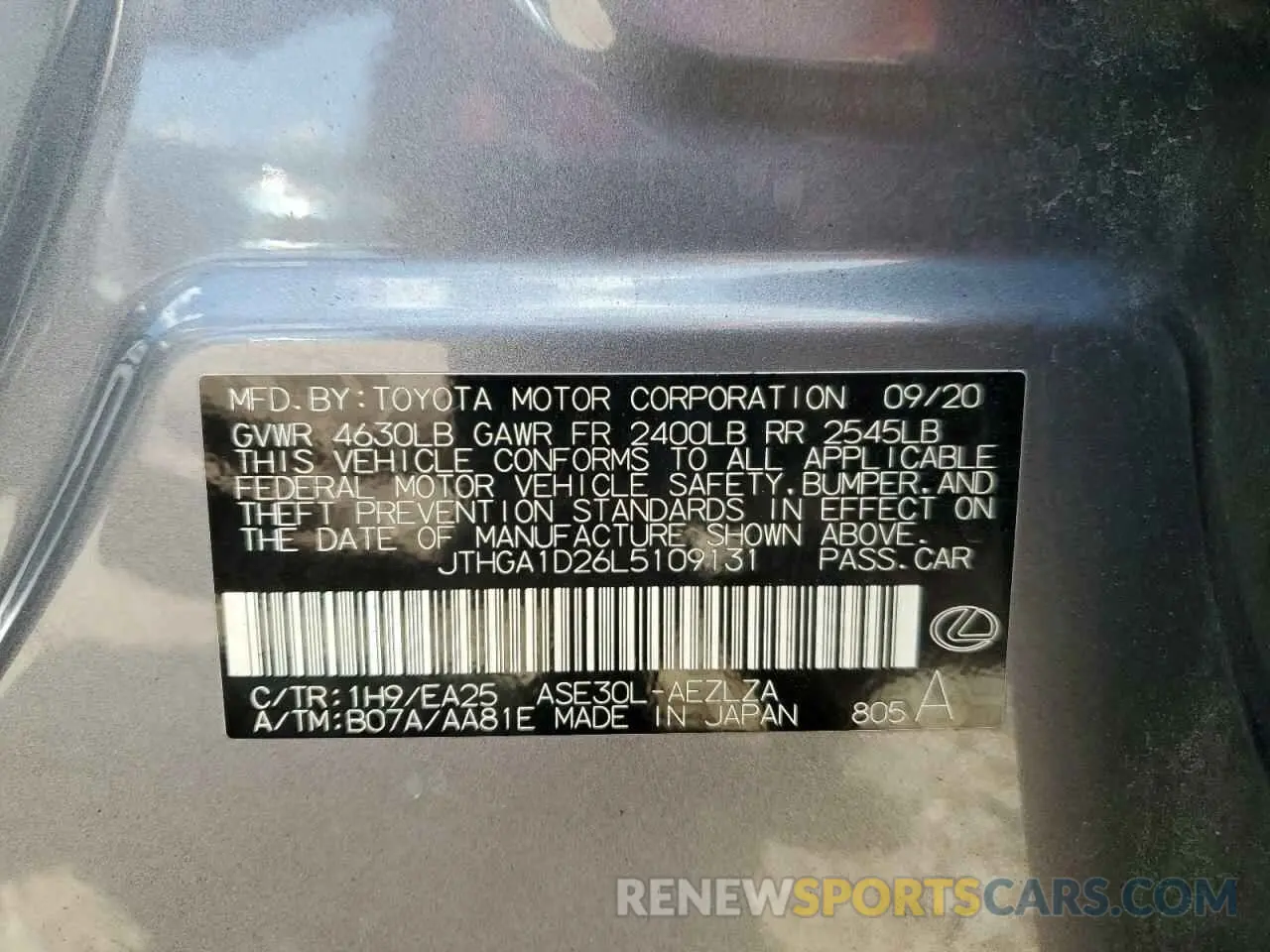 12 Фотография поврежденного автомобиля JTHGA1D26L5109131 LEXUS IS 300 F S 2020