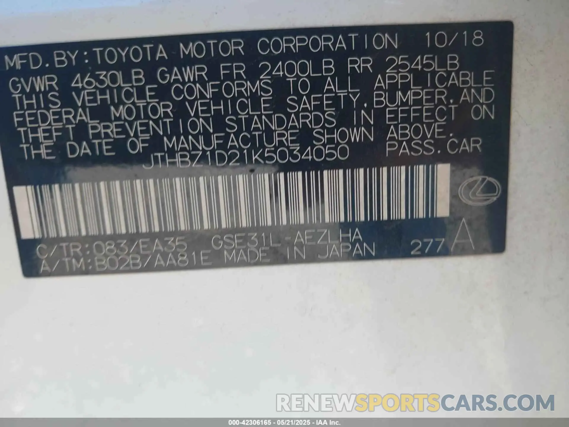 8 Photograph of a damaged car JTHBZ1D21K5034050 LEXUS IS 350 2019