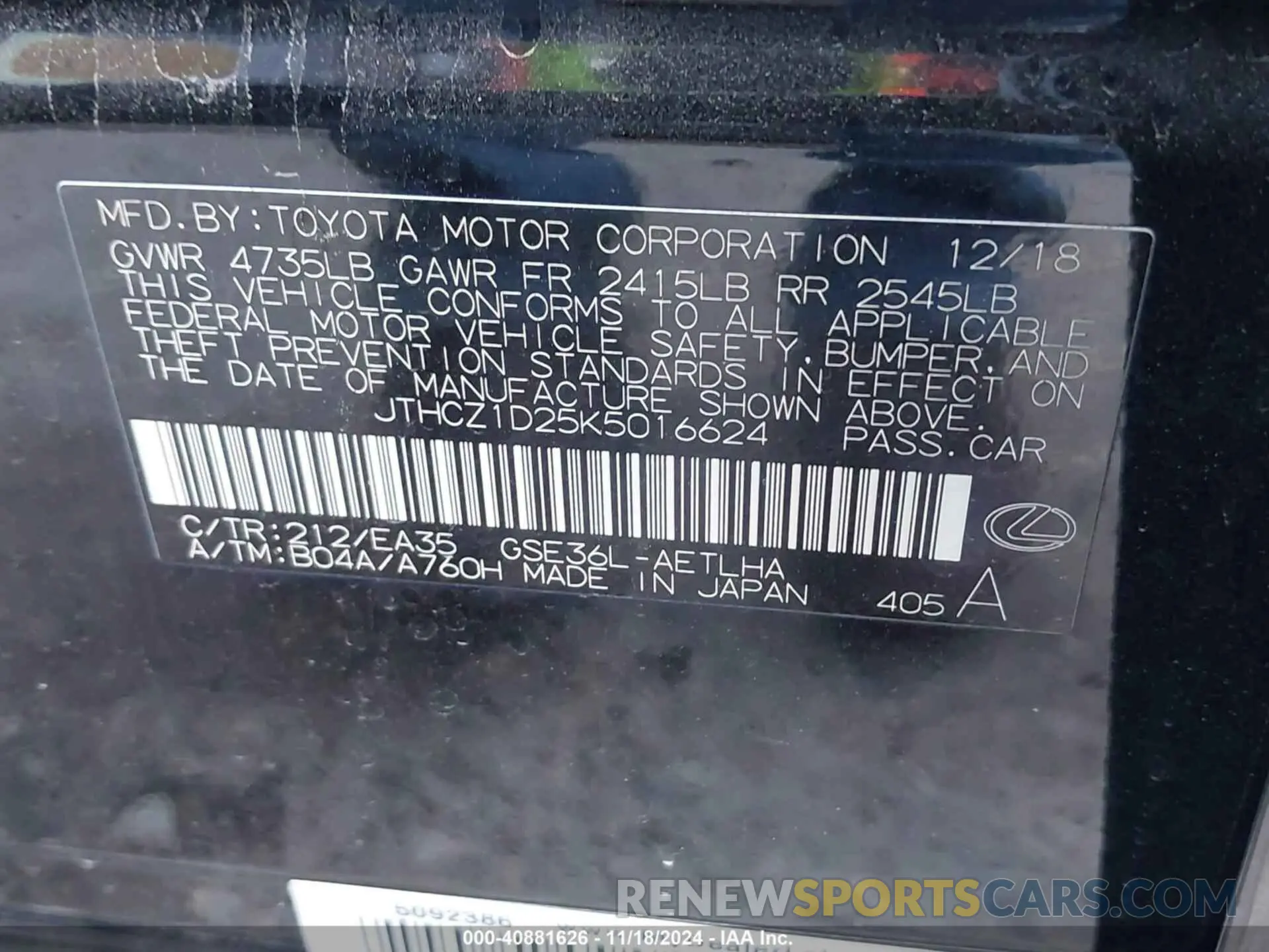 9 Photograph of a damaged car JTHCZ1D25K5016624 LEXUS IS 350 2019