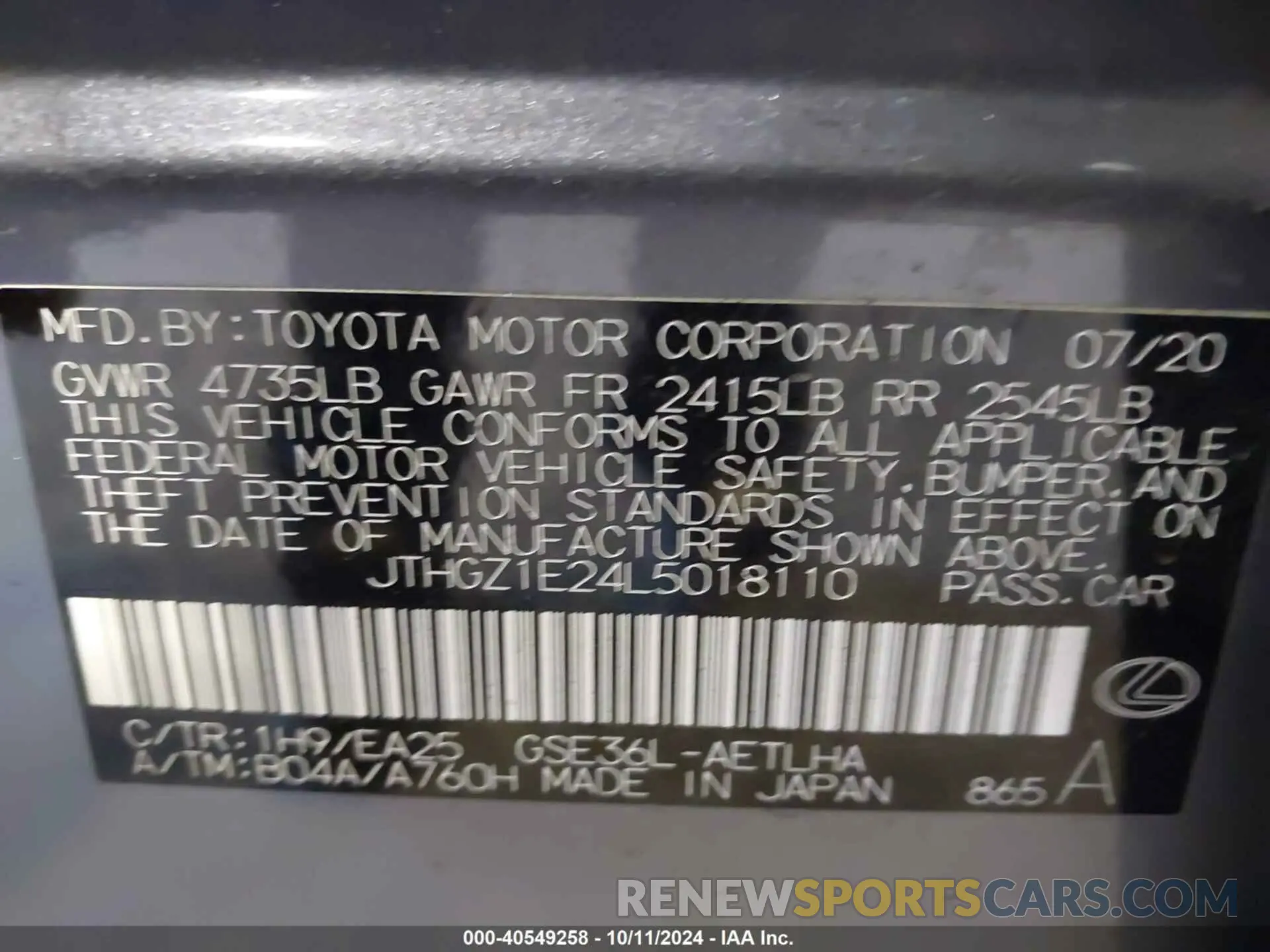 9 Photograph of a damaged car JTHGZ1E24L5018110 LEXUS IS 350 2020