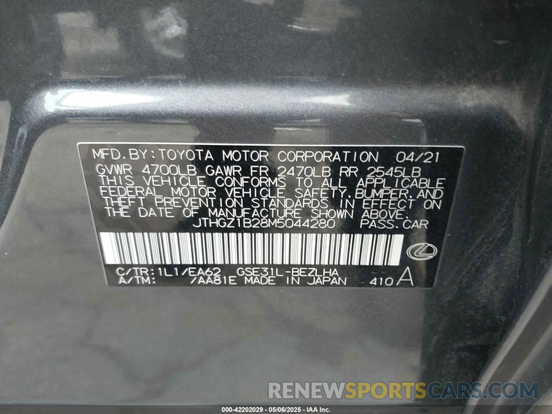 9 Photograph of a damaged car JTHGZ1B28M5044280 LEXUS IS 350 2021
