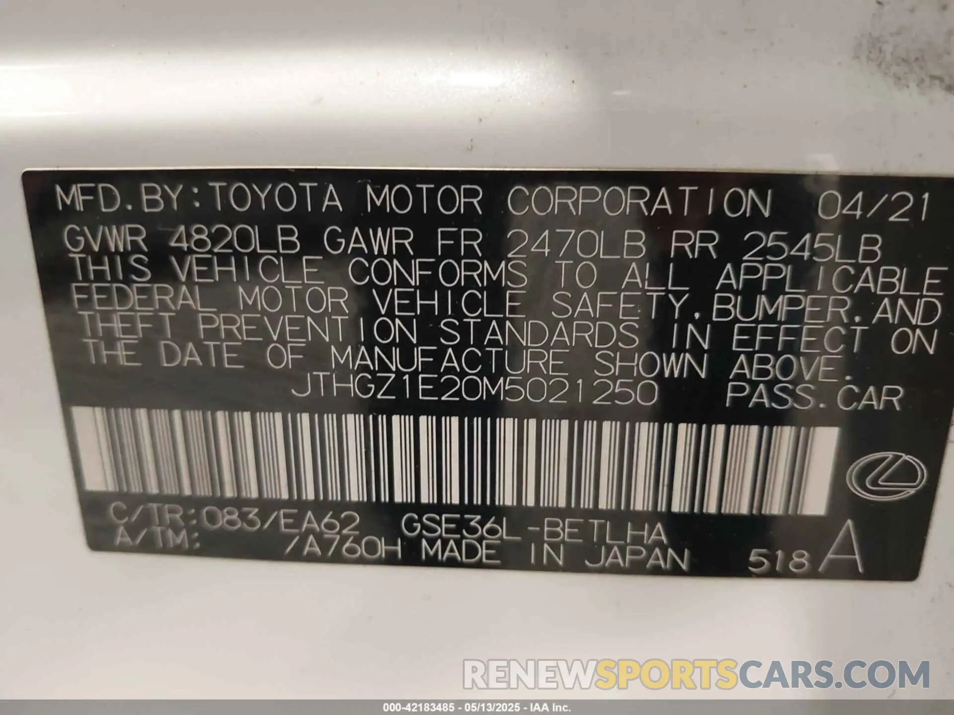9 Фотография поврежденного автомобиля JTHGZ1E20M5021250 LEXUS IS 350 2021