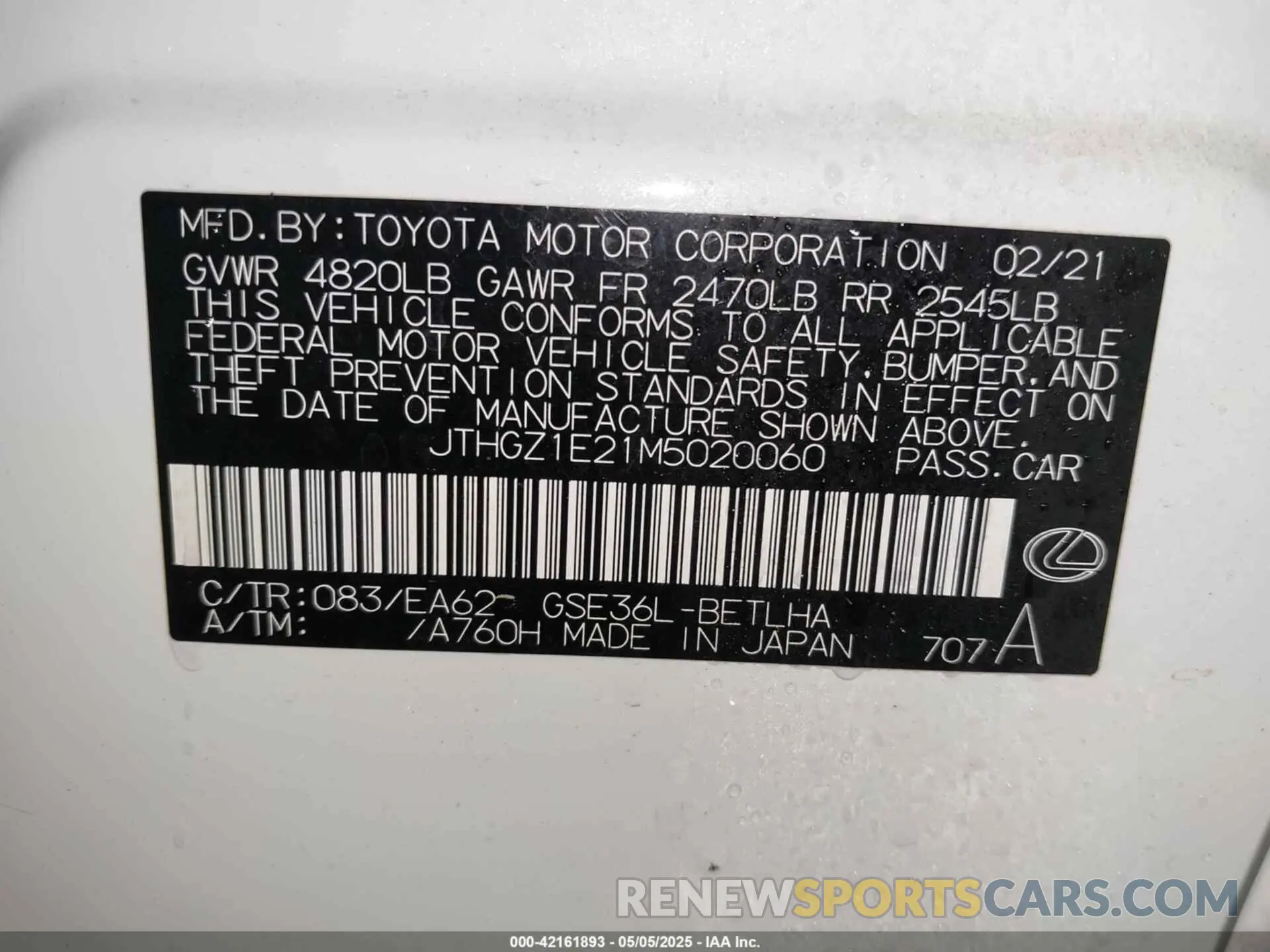 9 Фотография поврежденного автомобиля JTHGZ1E21M5020060 LEXUS IS 350 2021