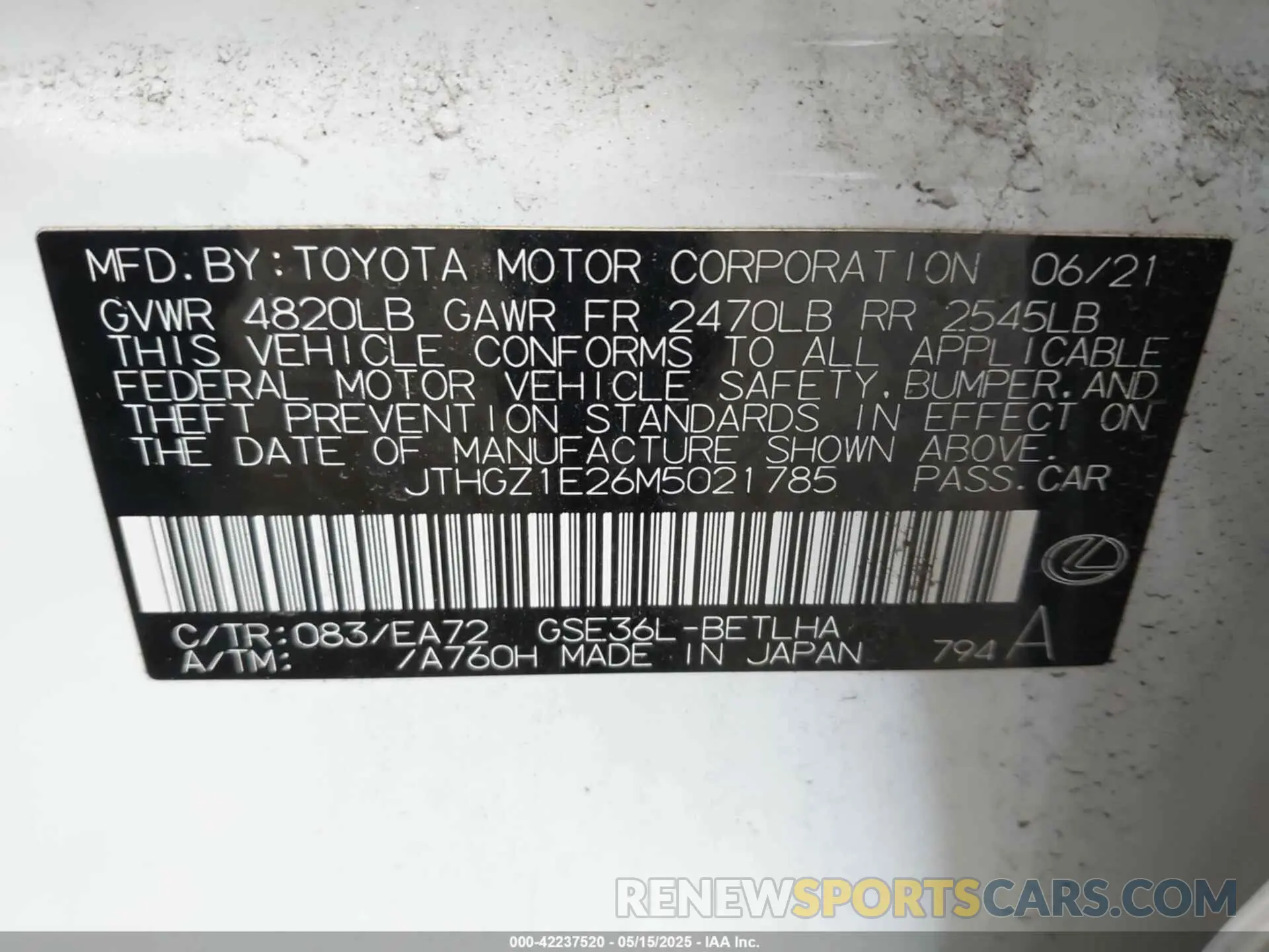 9 Фотография поврежденного автомобиля JTHGZ1E26M5021785 LEXUS IS 350 2021