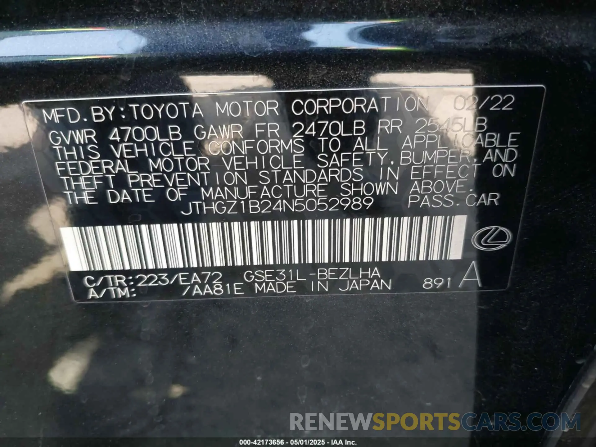 9 Фотография поврежденного автомобиля JTHGZ1B24N5052989 LEXUS IS 350 2022