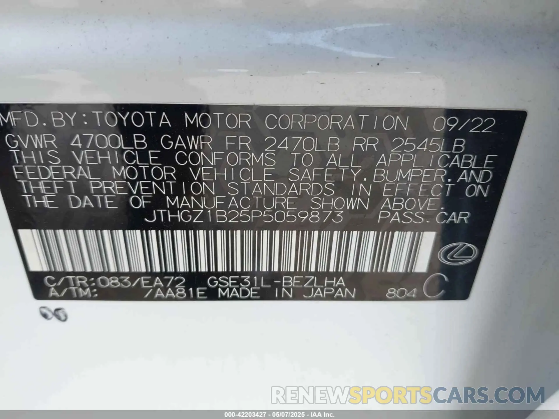 9 Photograph of a damaged car JTHGZ1B25P5059873 LEXUS IS 350 2023