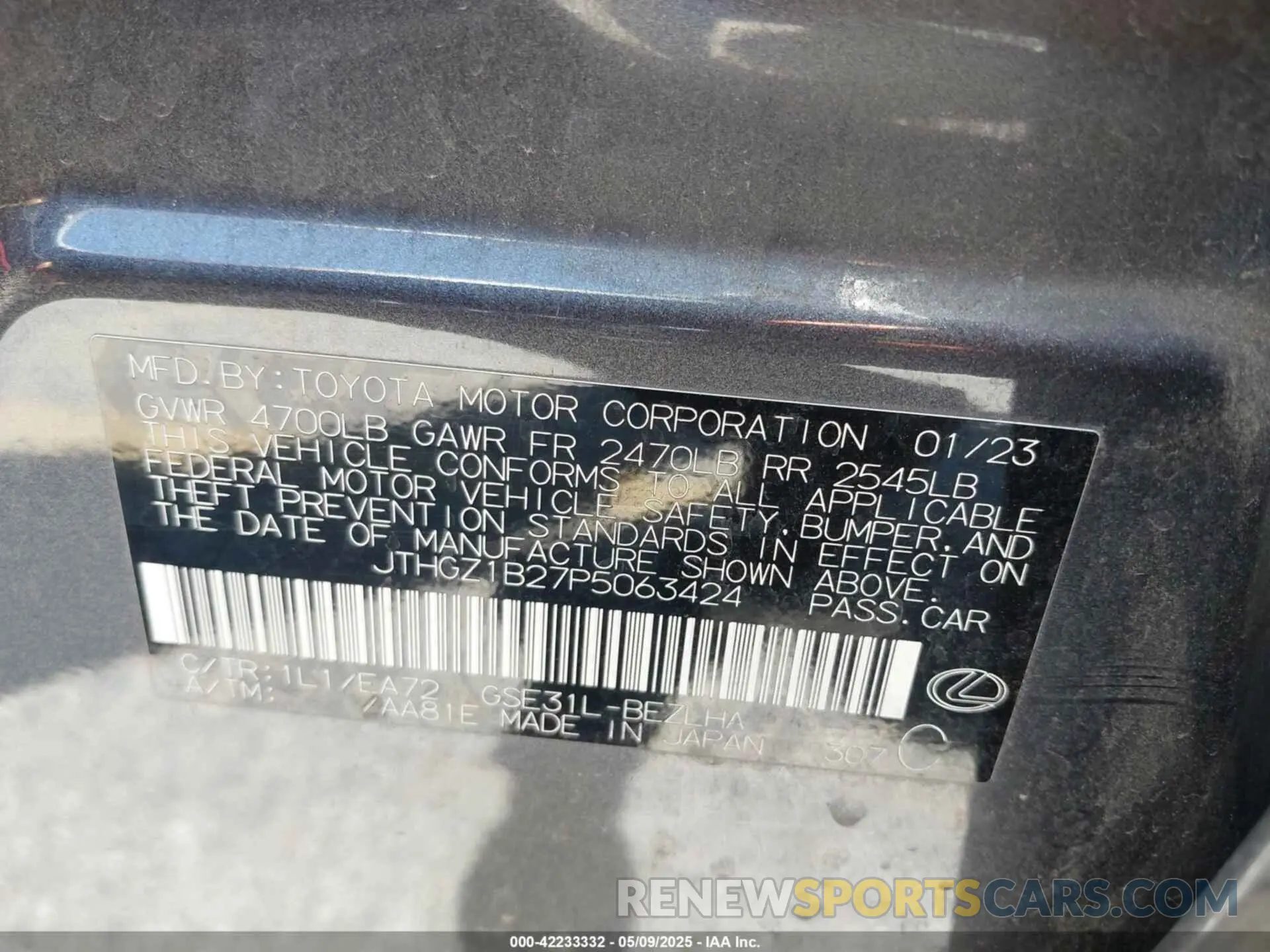 9 Photograph of a damaged car JTHGZ1B27P5063424 LEXUS IS 350 2023