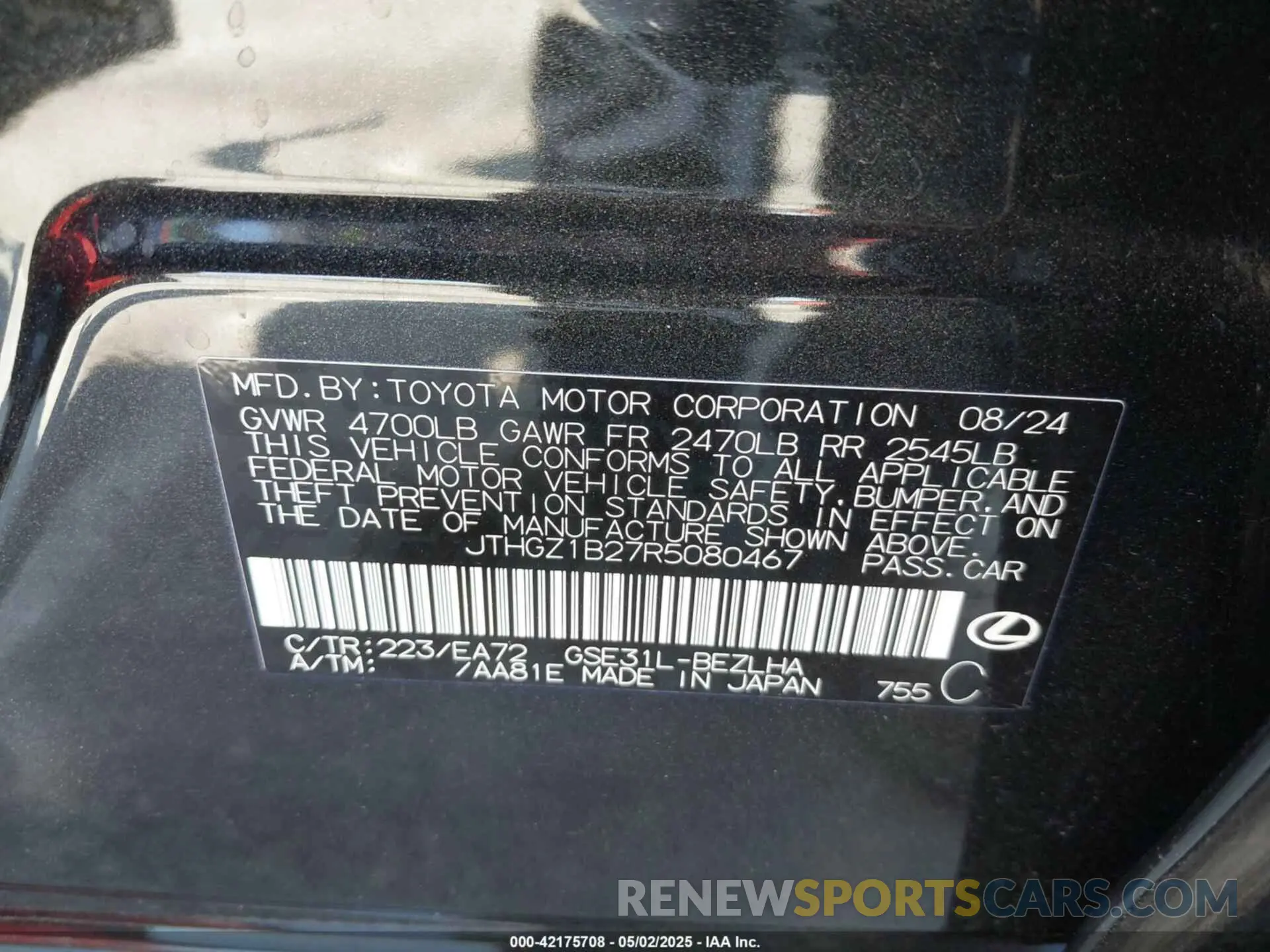 9 Фотография поврежденного автомобиля JTHGZ1B27R5080467 LEXUS IS 350 2024