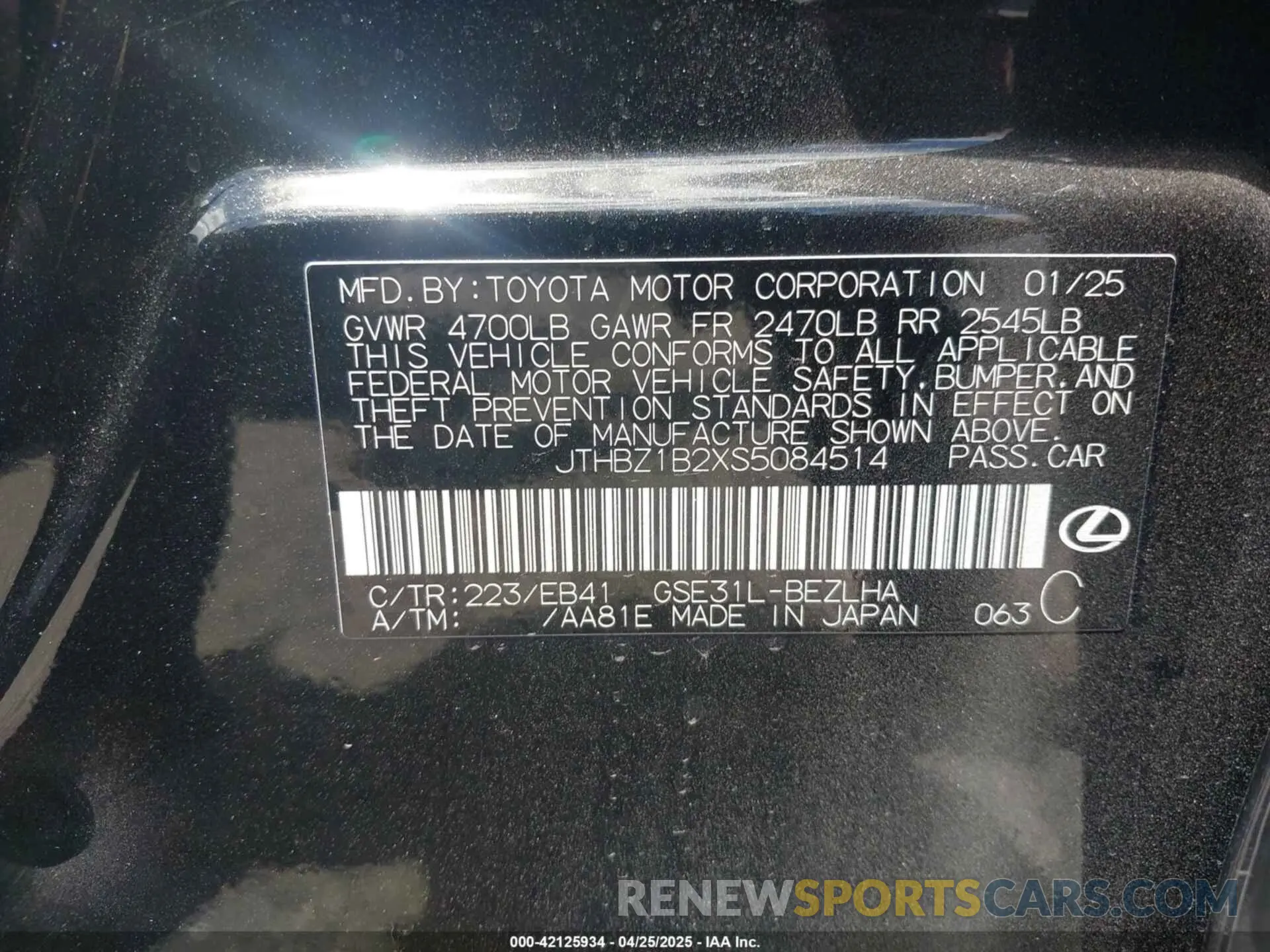 9 Photograph of a damaged car JTHBZ1B2XS5084514 LEXUS IS 350 2025