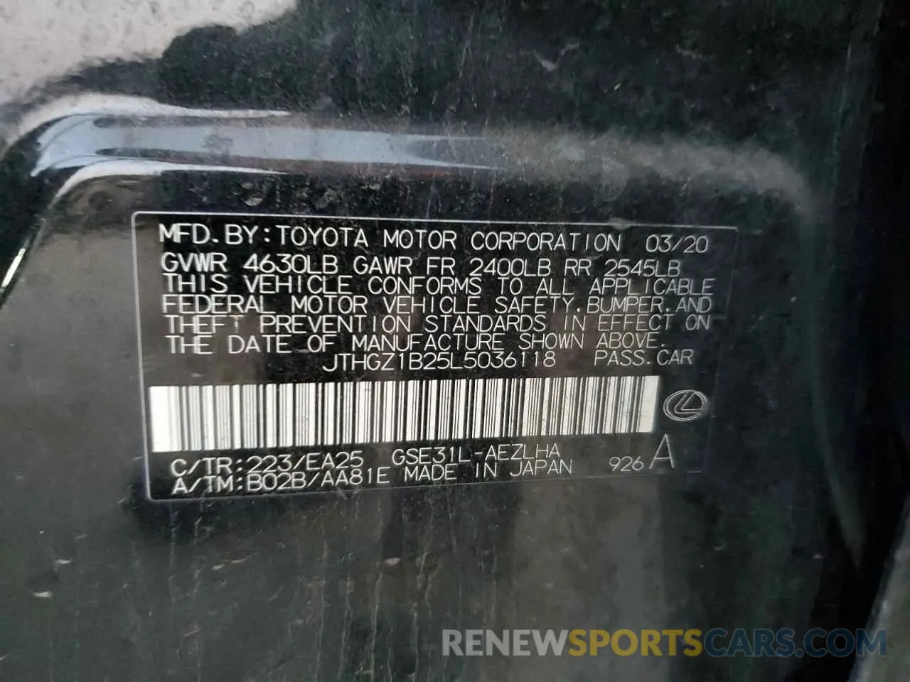 12 Фотография поврежденного автомобиля JTHGZ1B25L5036118 LEXUS IS 350 F S 2020