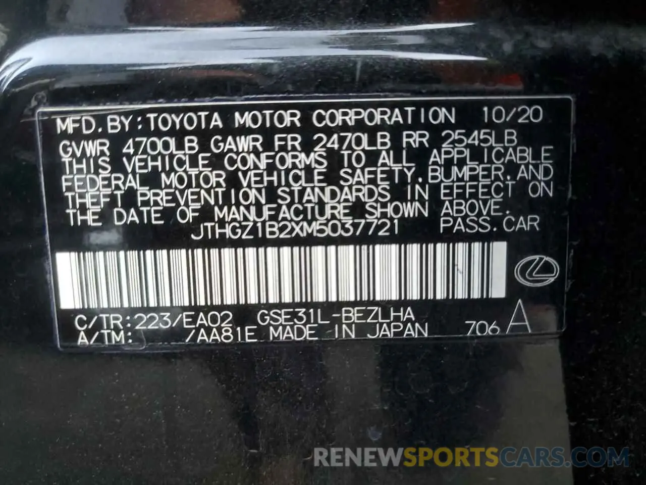 12 Фотография поврежденного автомобиля JTHGZ1B2XM5037721 LEXUS IS 350 F S 2021