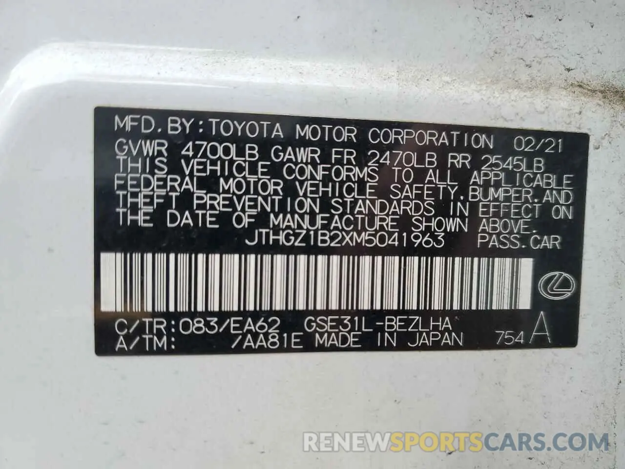 12 Фотография поврежденного автомобиля JTHGZ1B2XM5041963 LEXUS IS 350 F S 2021