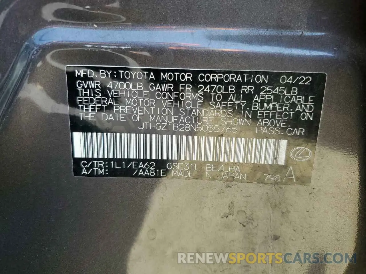 12 Photograph of a damaged car JTHGZ1B28N5055765 LEXUS IS 350 F S 2022