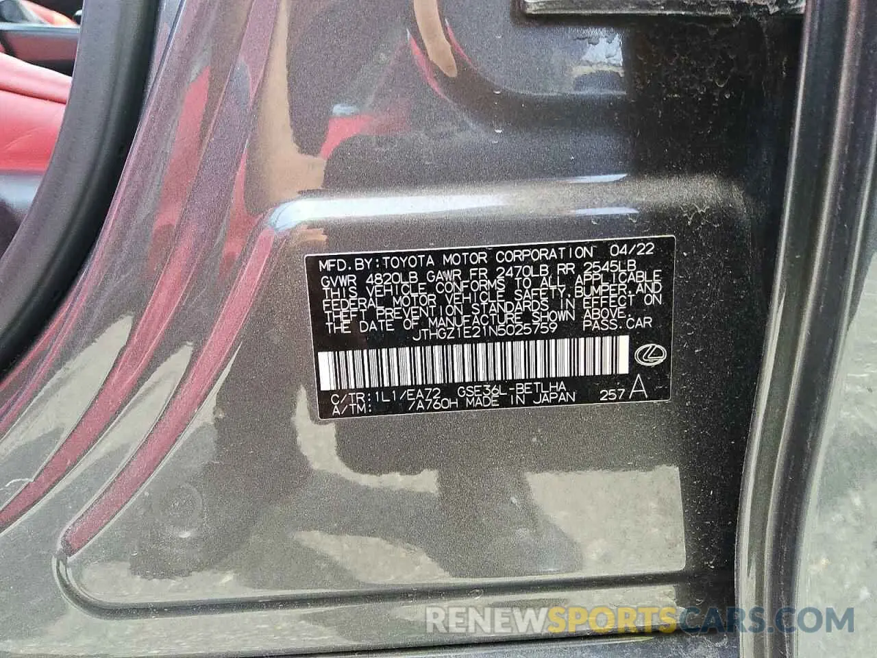 12 Photograph of a damaged car JTHGZ1E21N5025759 LEXUS IS 350 F S 2022