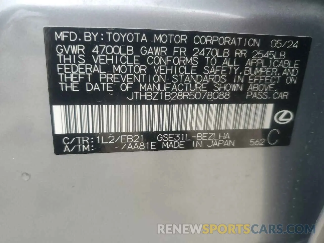 12 Фотография поврежденного автомобиля JTHBZ1B28R5078088 LEXUS IS 350 F S 2024