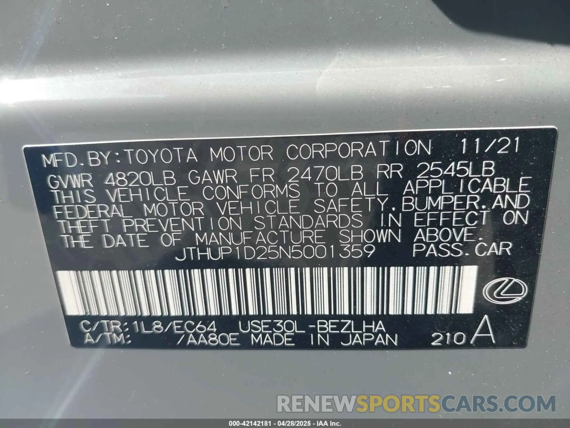 9 Фотография поврежденного автомобиля JTHUP1D25N5001359 LEXUS IS 500 2022