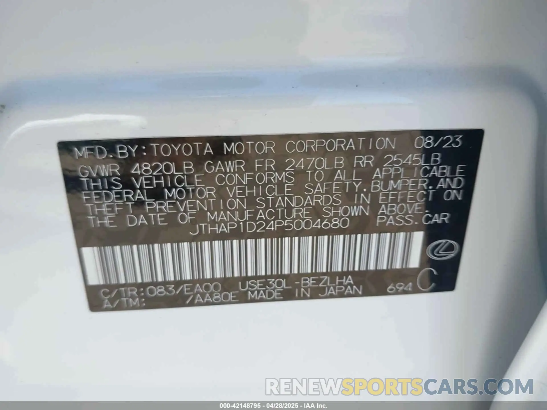 9 Фотография поврежденного автомобиля JTHAP1D24P5004680 LEXUS IS 500 2023