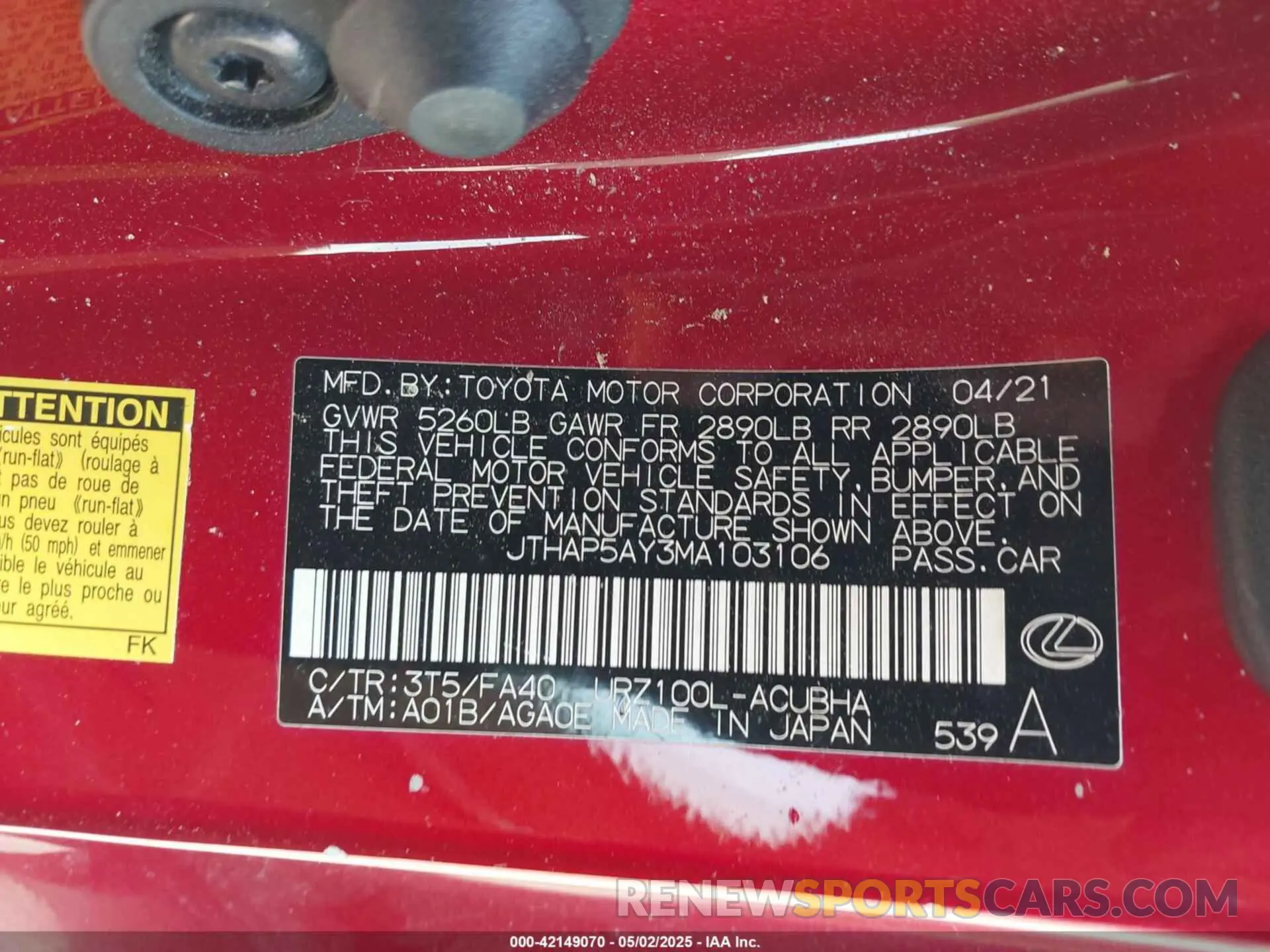 9 Photograph of a damaged car JTHAP5AY3MA103106 LEXUS LC 500 2021