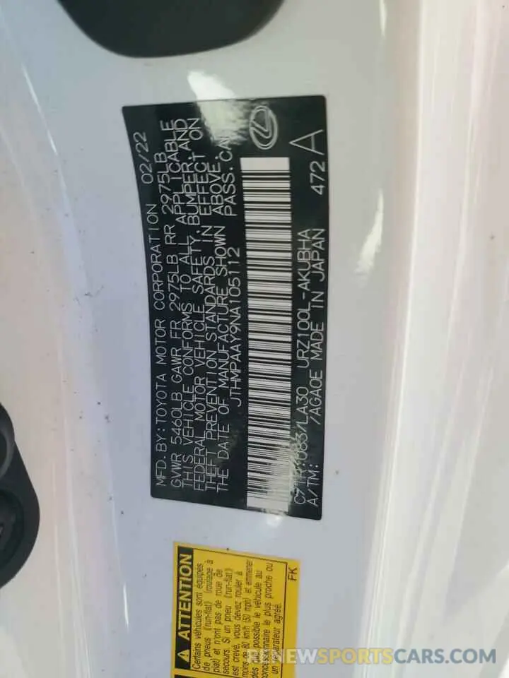 12 Photograph of a damaged car JTHMPAAY9NA105112 LEXUS LC500 2022