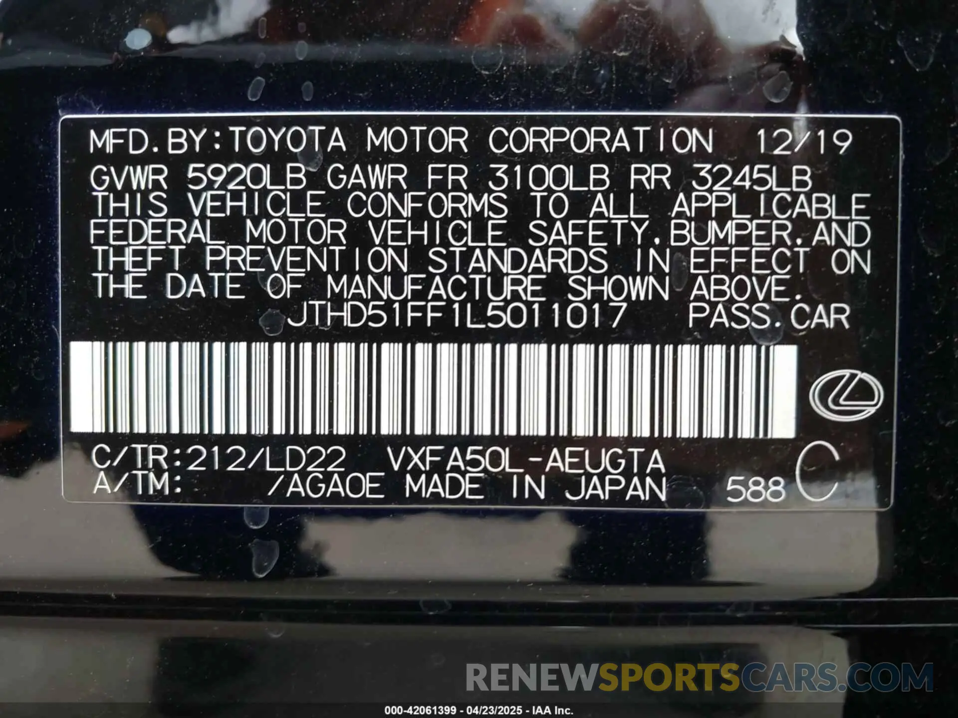 9 Фотография поврежденного автомобиля JTHD51FF1L5011017 LEXUS LS 500 2020