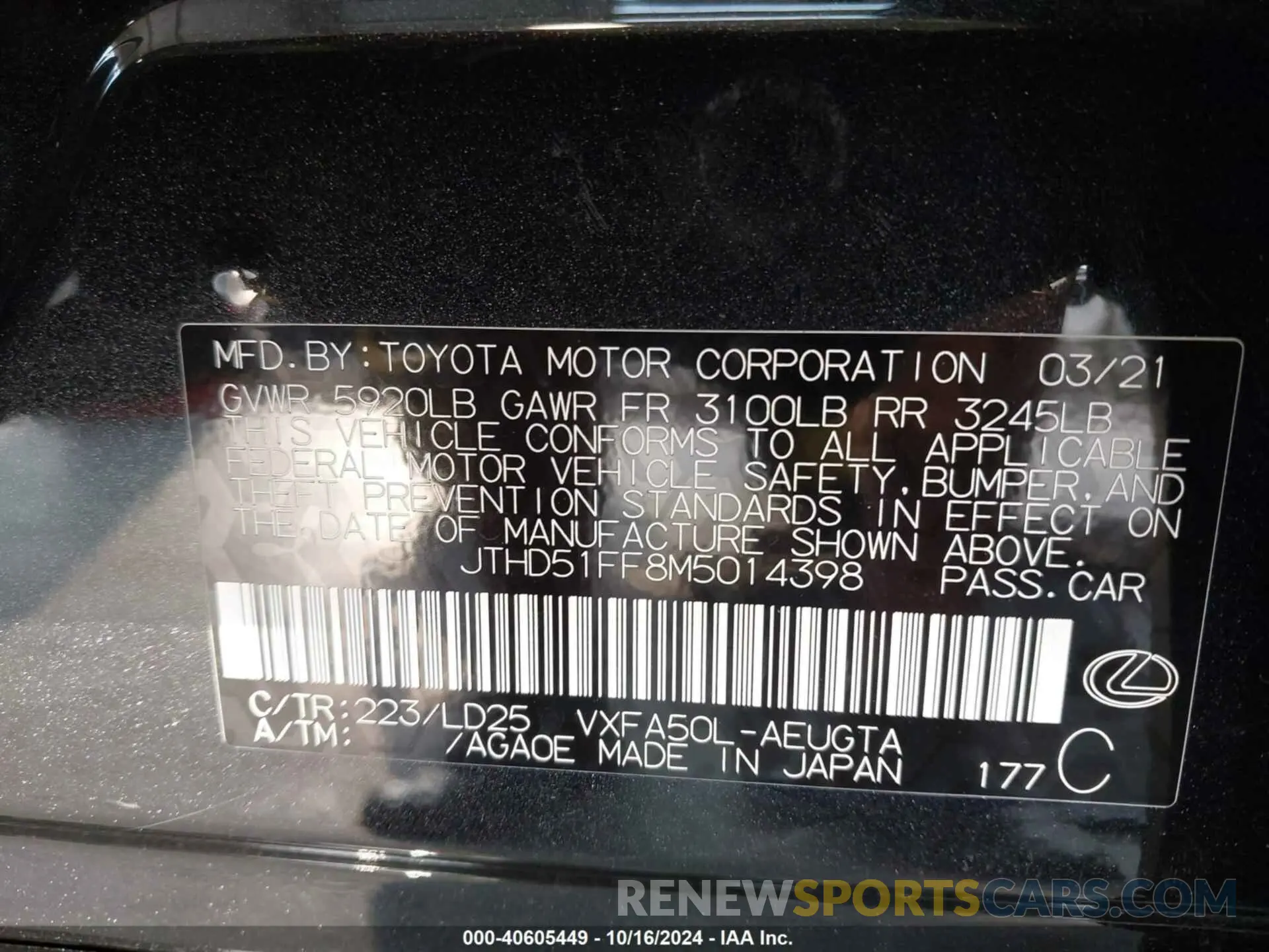 9 Фотография поврежденного автомобиля JTHD51FF8M5014398 LEXUS LS 500 2021