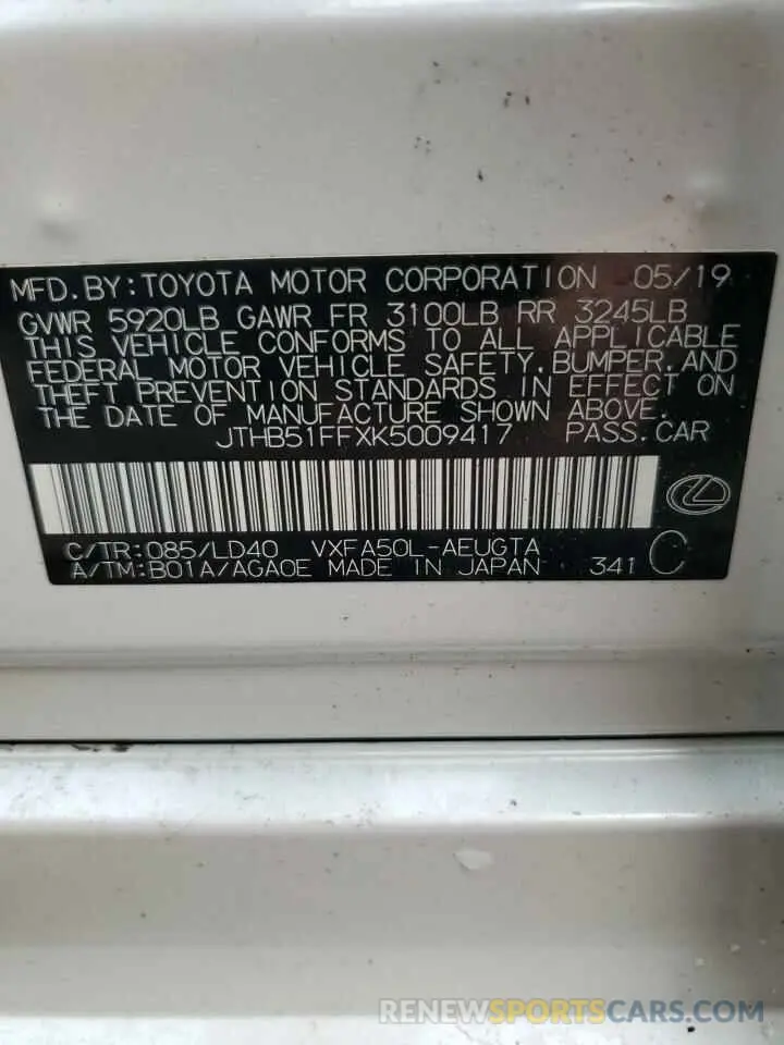 13 Фотография поврежденного автомобиля JTHB51FFXK5009417 LEXUS LS500 2019