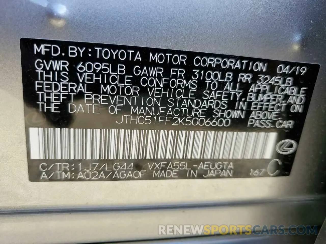 10 Фотография поврежденного автомобиля JTHC51FF2K5006600 LEXUS LS500 2019