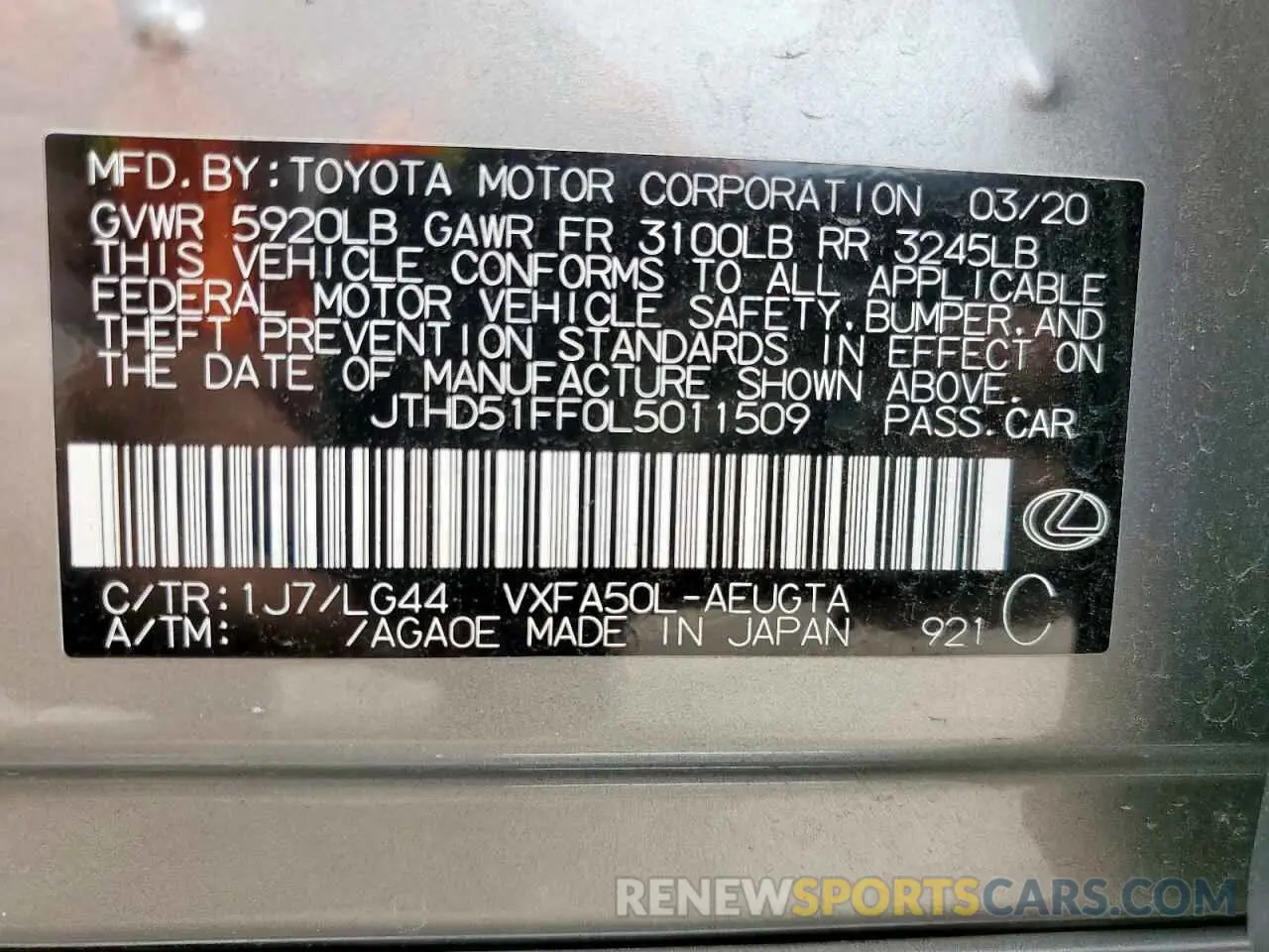 13 Фотография поврежденного автомобиля JTHD51FF0L5011509 LEXUS LS500 2020