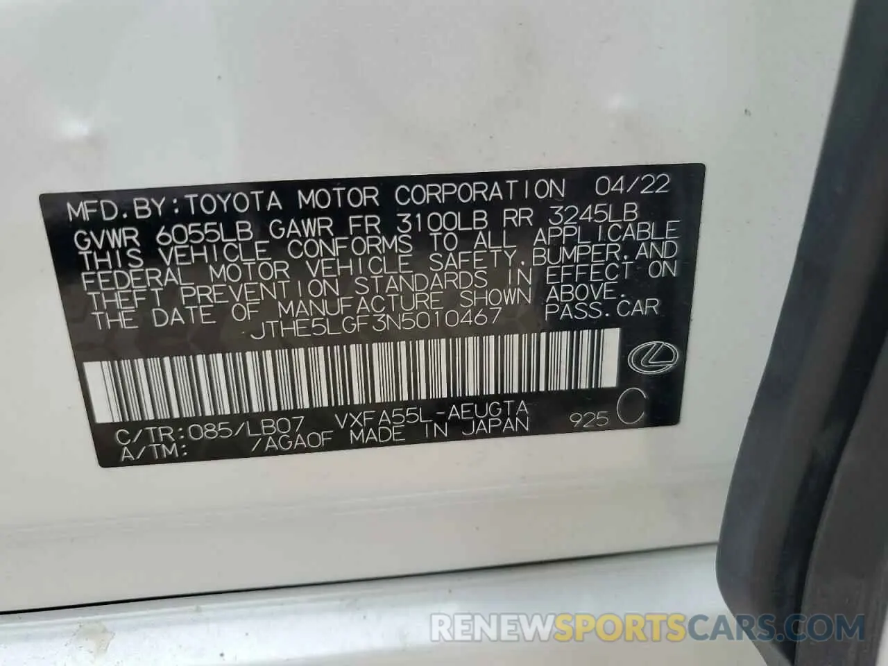 12 Фотография поврежденного автомобиля JTHE5LGF3N5010467 LEXUS LS500 2022