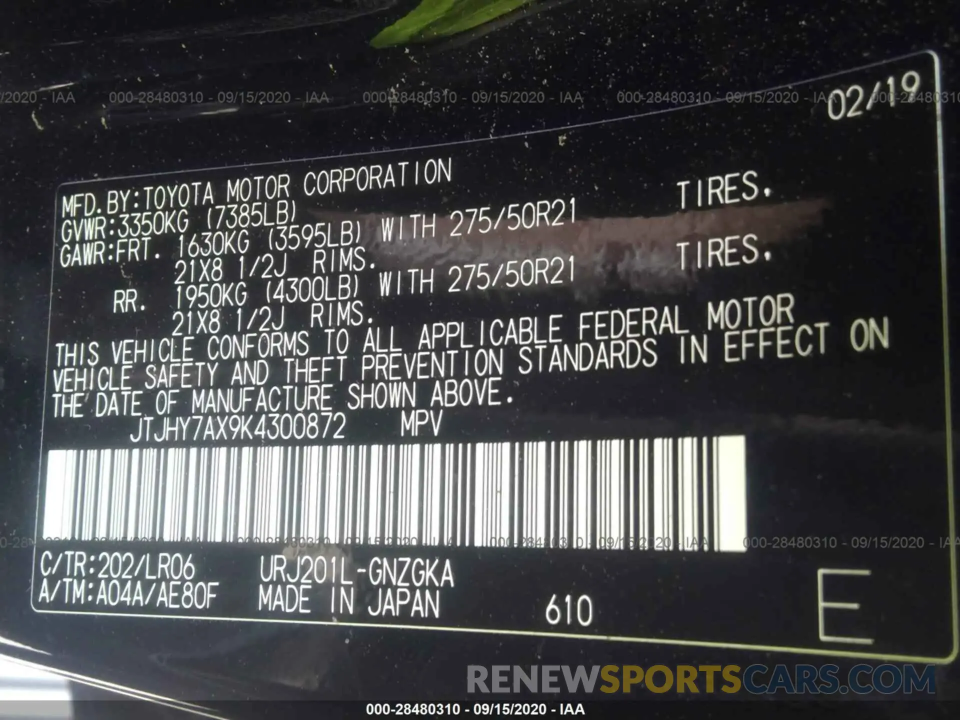 9 Photograph of a damaged car JTJHY7AX9K4300872 LEXUS LX 2019