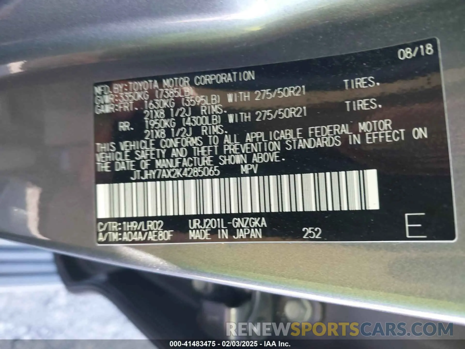9 Фотография поврежденного автомобиля JTJHY7AX2K4285065 LEXUS LX 570 2019