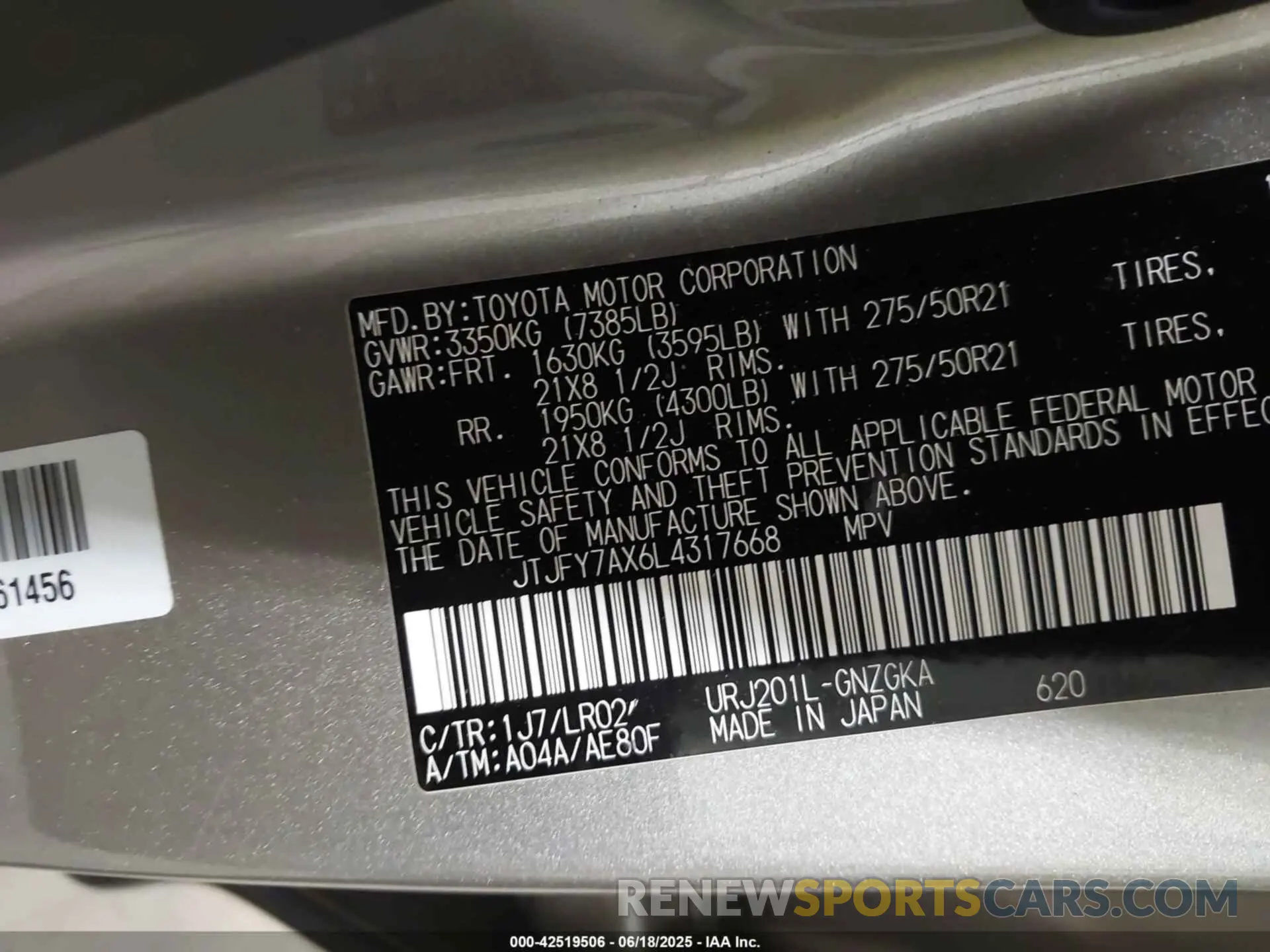 9 Фотография поврежденного автомобиля JTJFY7AX6L4317668 LEXUS LX 570 2020