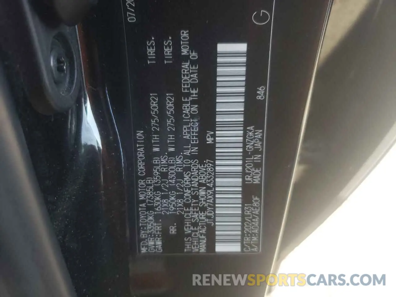 13 Фотография поврежденного автомобиля JTJDY7AX9L4332897 LEXUS LX570 2020