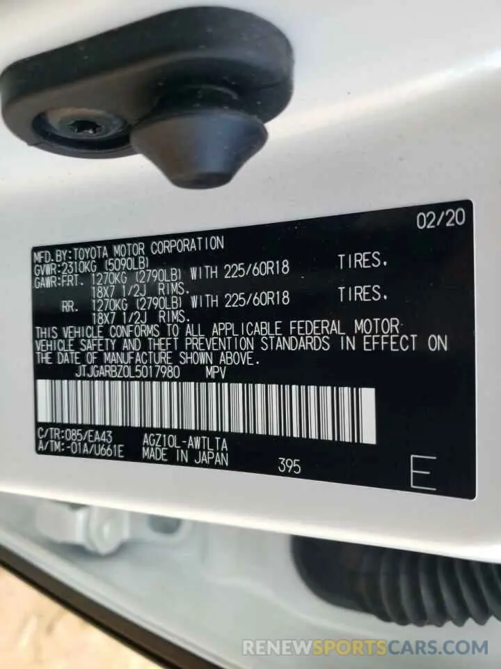 10 Photograph of a damaged car JTJGARBZ0L5017980 LEXUS NX 2020