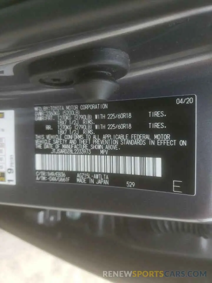 10 Photograph of a damaged car JTJSARDZ8L2233973 LEXUS NX 2020