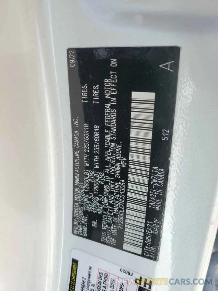 13 Фотография поврежденного автомобиля 2T2GGCEZ7NC013064 LEXUS NX 350 2022