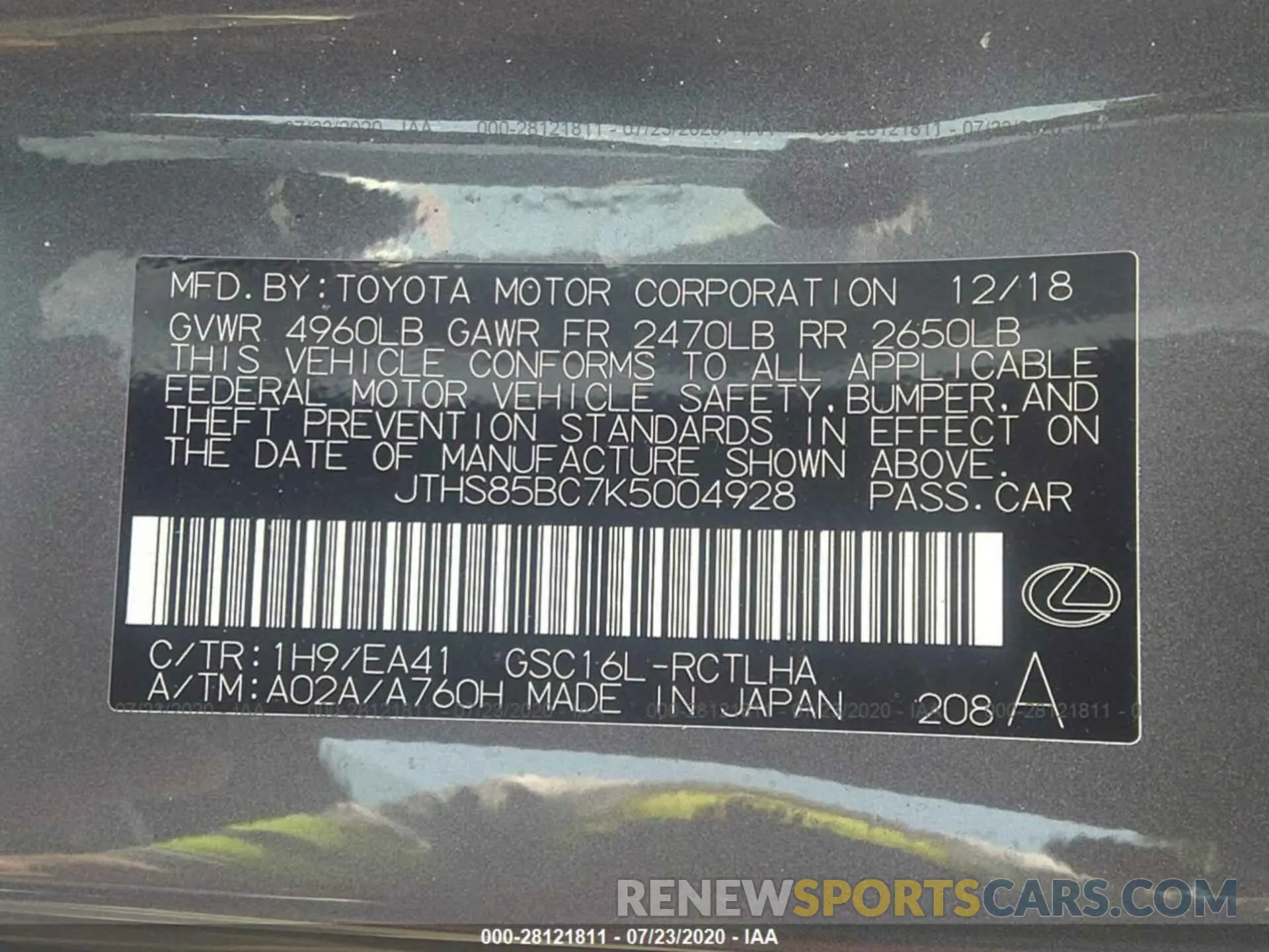 9 Photograph of a damaged car JTHS85BC7K5004928 LEXUS RC 2019